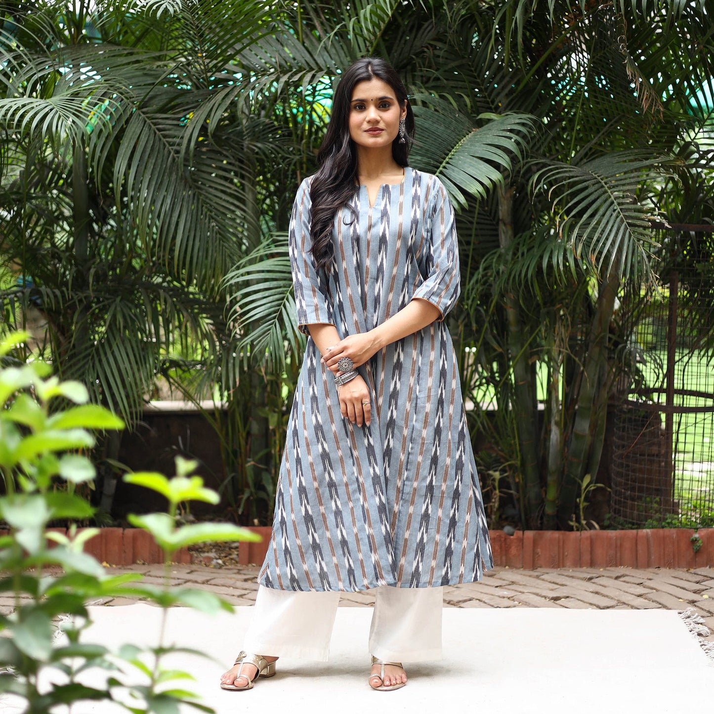 Grey Cotton A-Line Pochampally Ikat Kurta for women