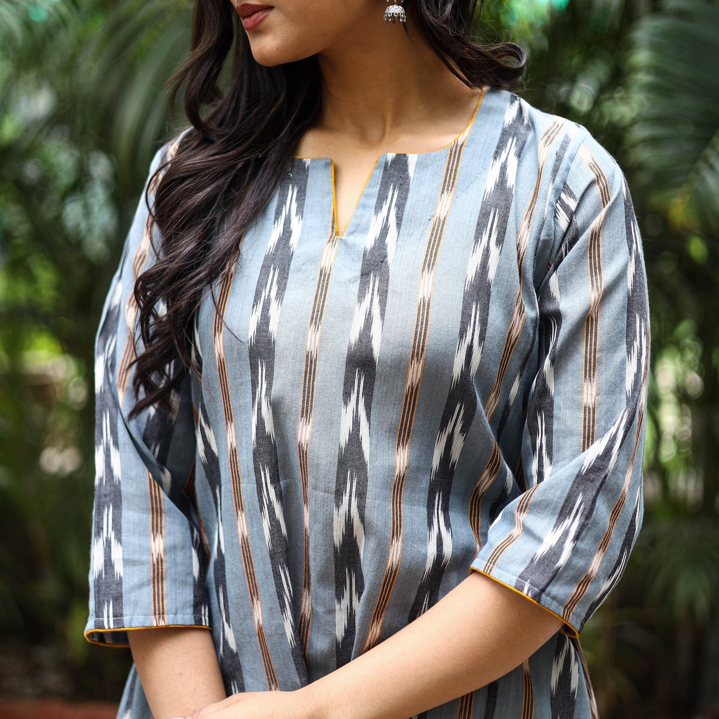 Grey Cotton A-Line Pochampally Ikat Kurta for women