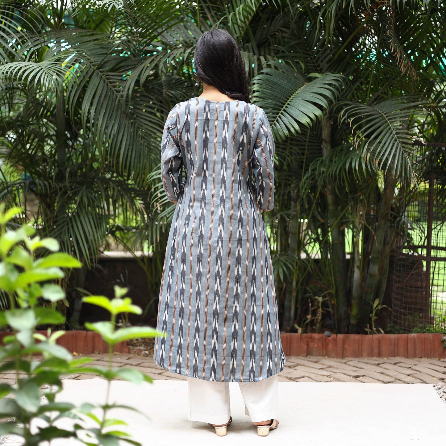Grey Cotton A-Line Pochampally Ikat Kurta for women