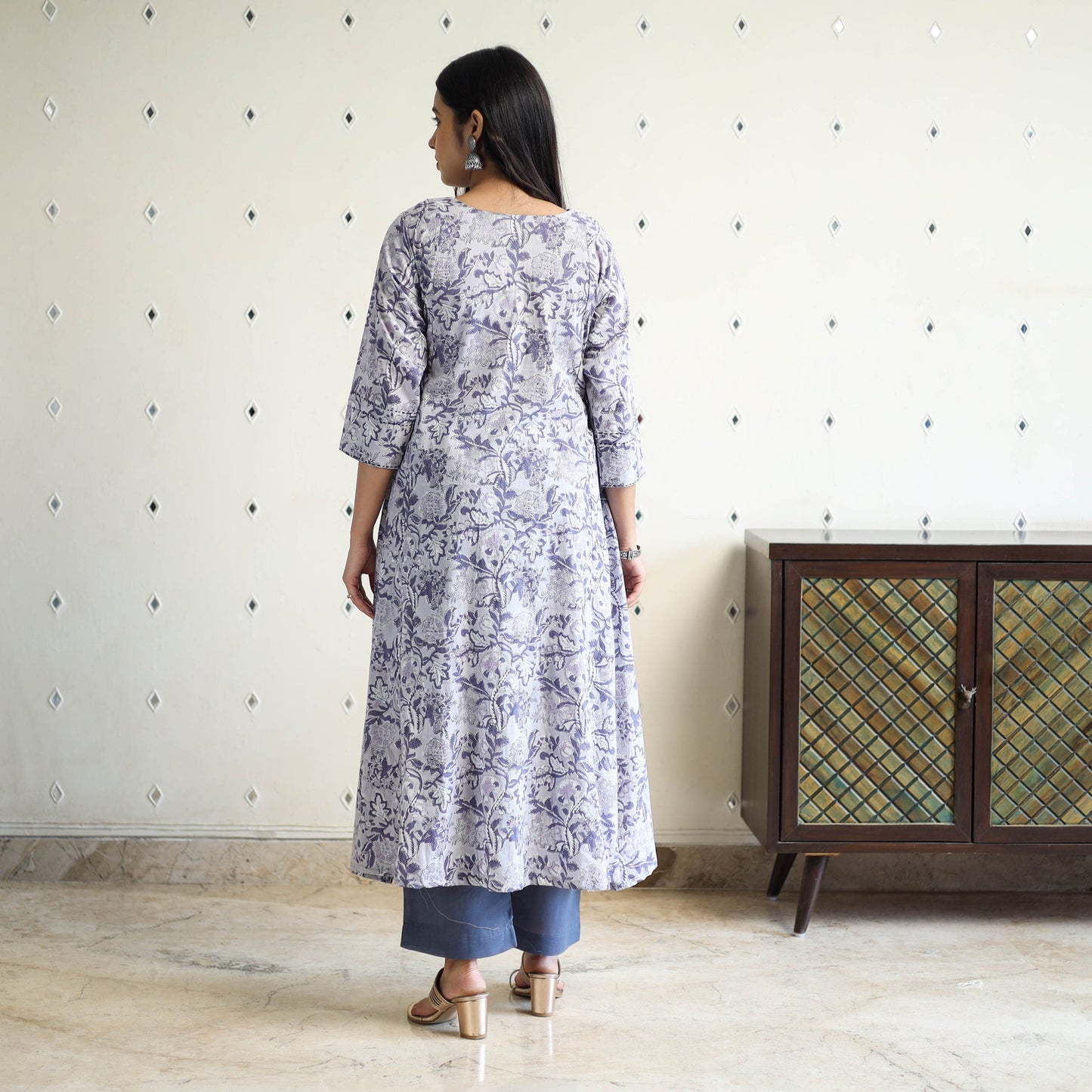 Grey - cotton a-line sanganeri kurta 06 - handcrafted