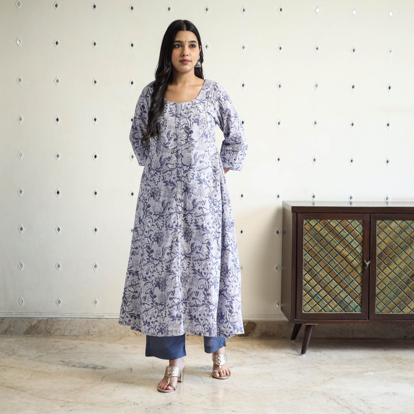 Grey - cotton a-line sanganeri kurta 06 - handcrafted