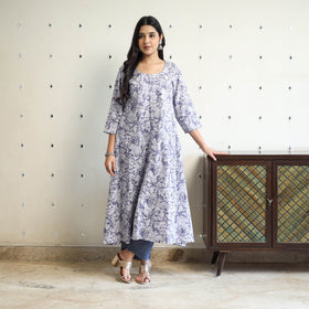 Grey - cotton a-line sanganeri kurta 06 - handcrafted