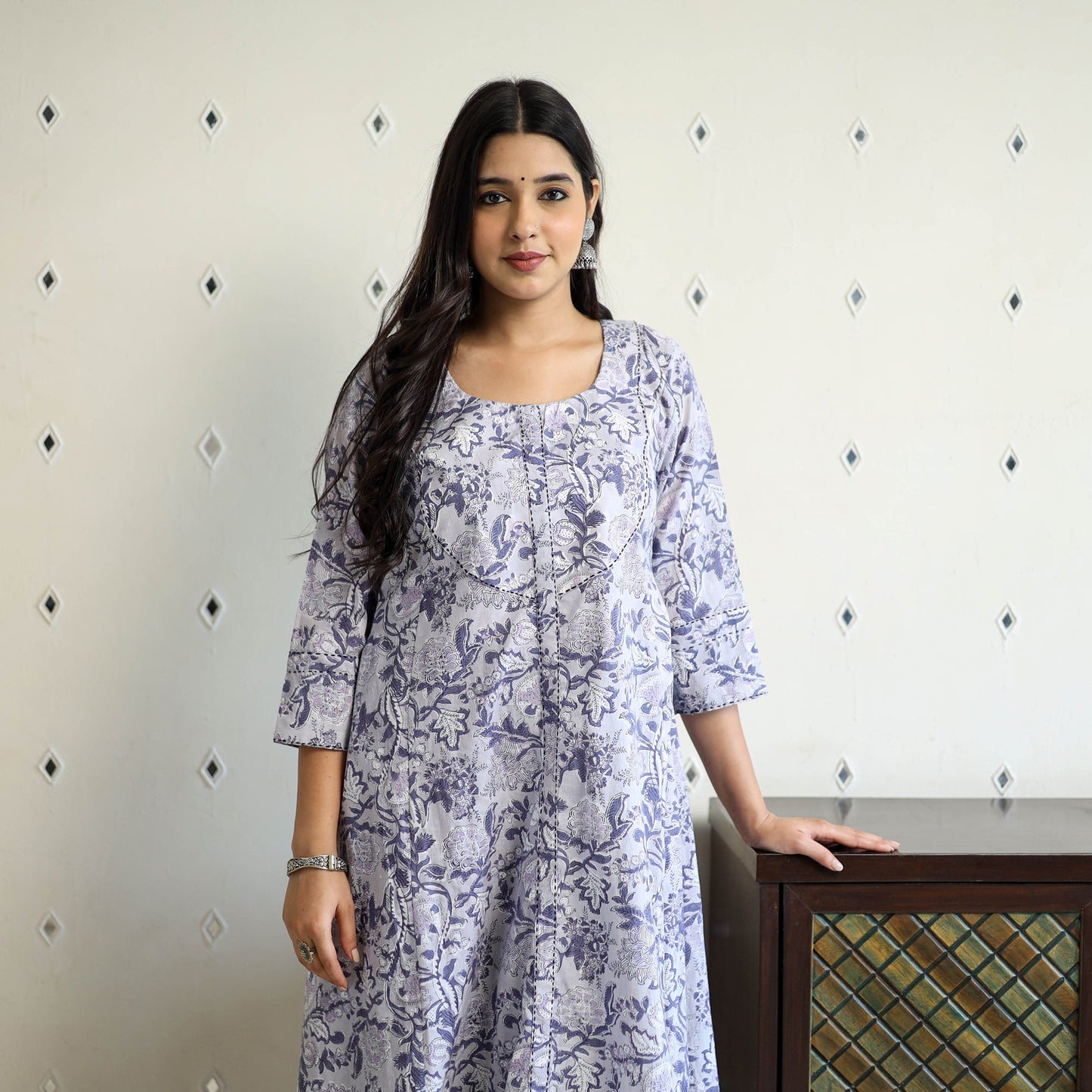 Grey - cotton a-line sanganeri kurta 06 - handcrafted