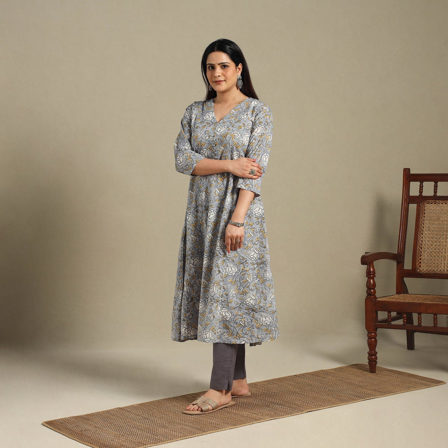 Grey - cotton a-line sanganeri kurta 10 - handcrafted