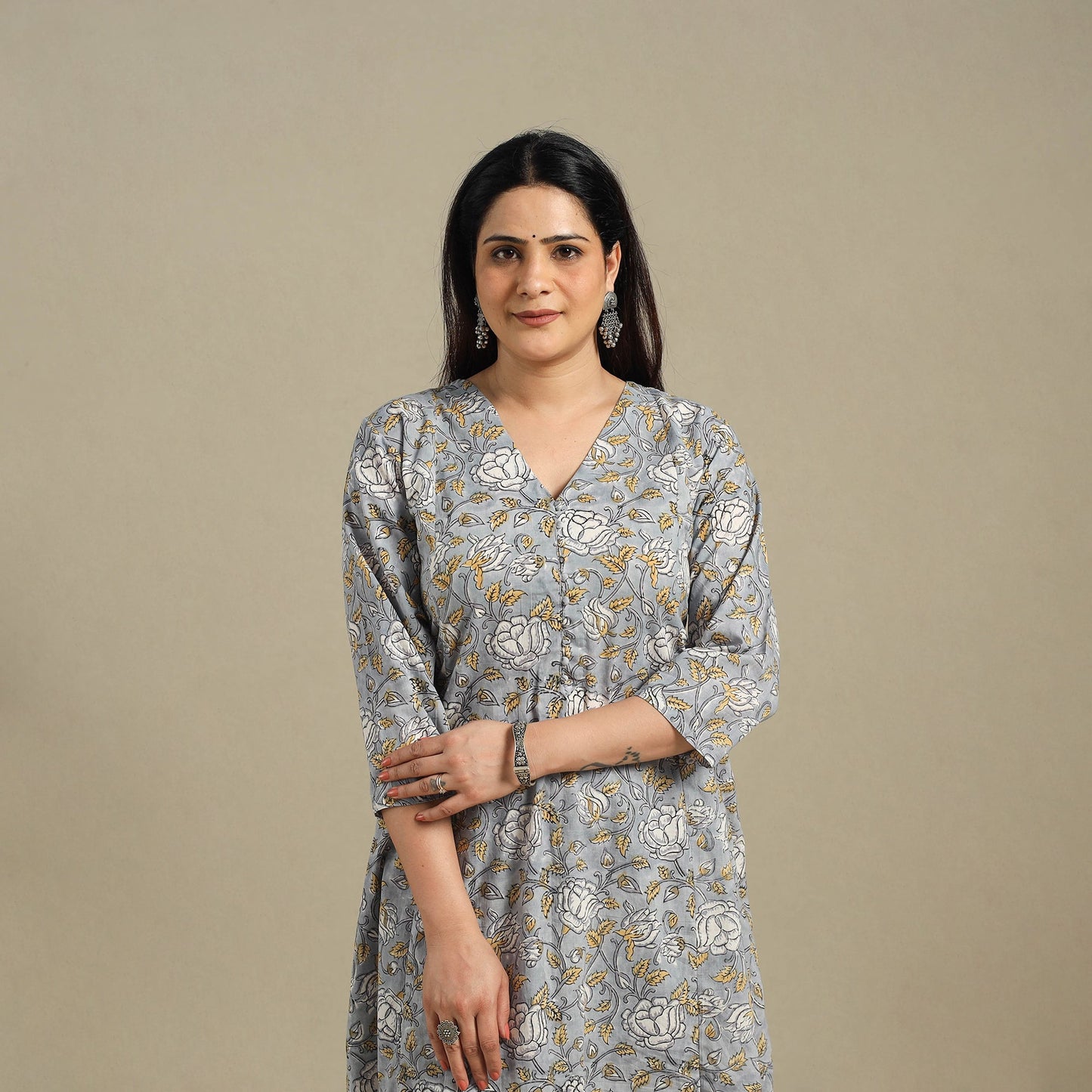 Grey - cotton a-line sanganeri kurta 10 - handcrafted