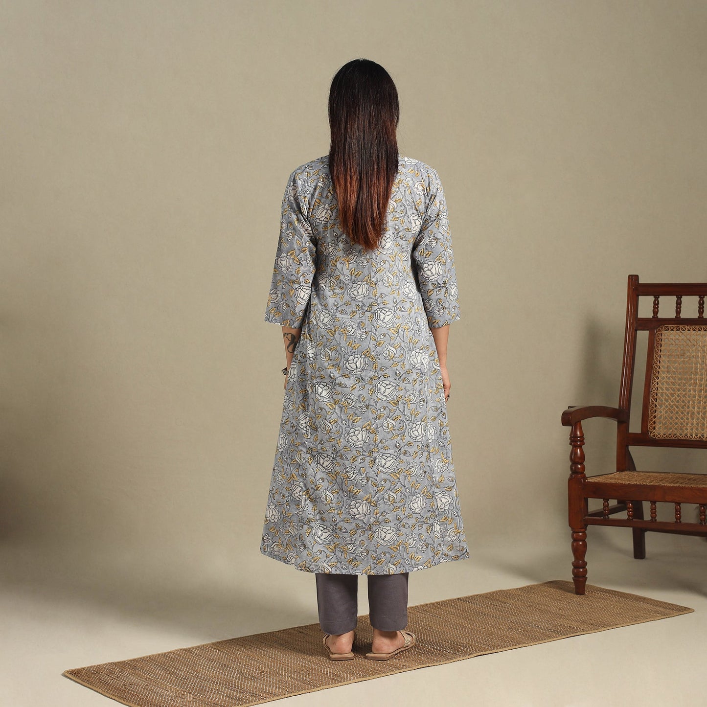Grey - cotton a-line sanganeri kurta 10 - handcrafted