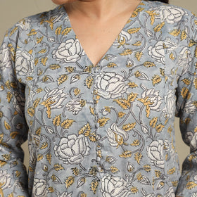 Grey - cotton a-line sanganeri kurta 10 - handcrafted