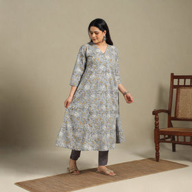 Grey - cotton a-line sanganeri kurta 10 - handcrafted