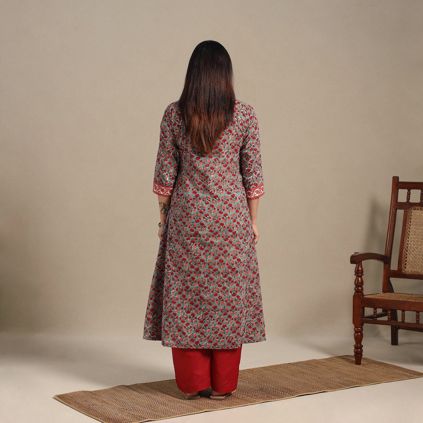 Grey - cotton a-line sanganeri kurta 12 - handcrafted