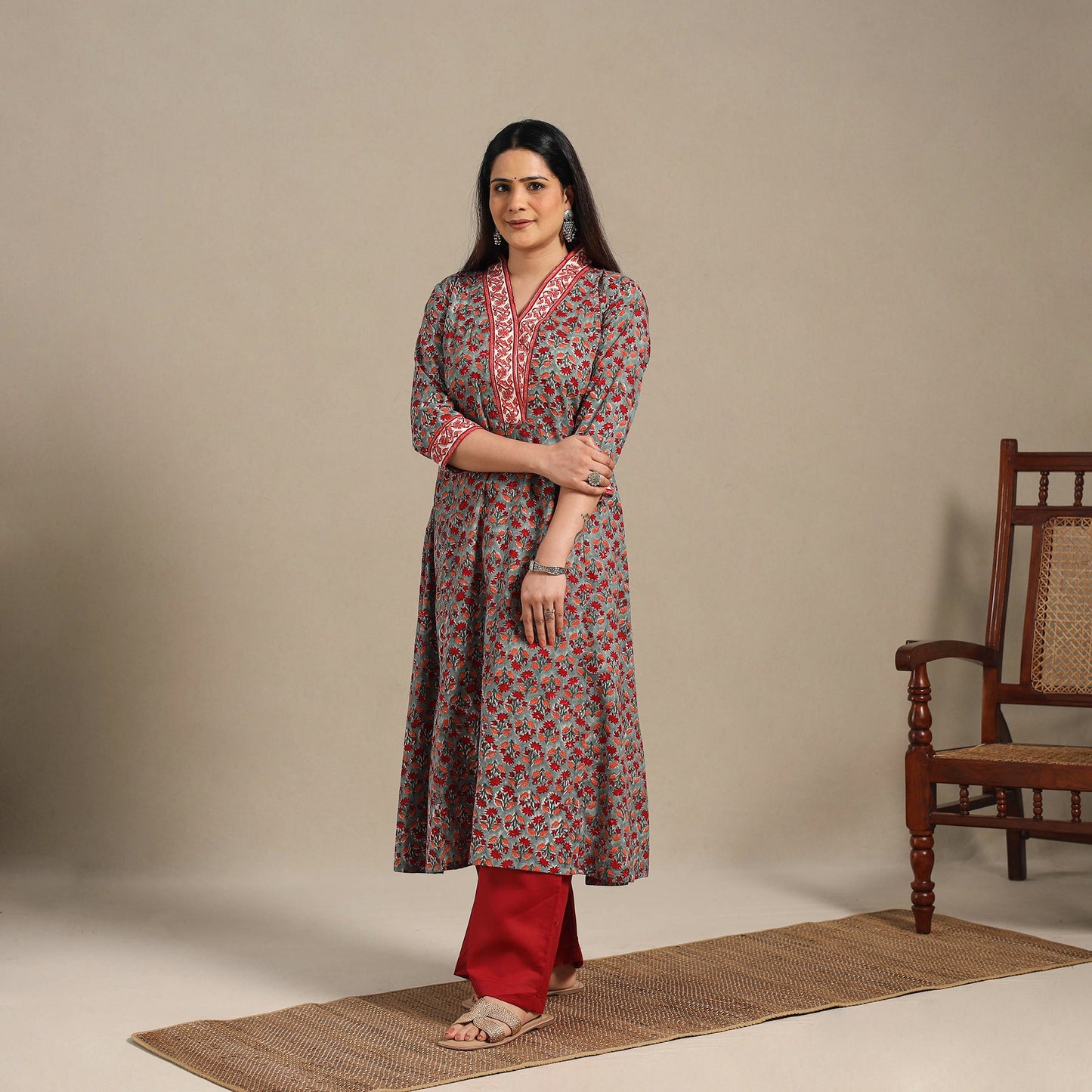 Grey - cotton a-line sanganeri kurta 12 - handcrafted