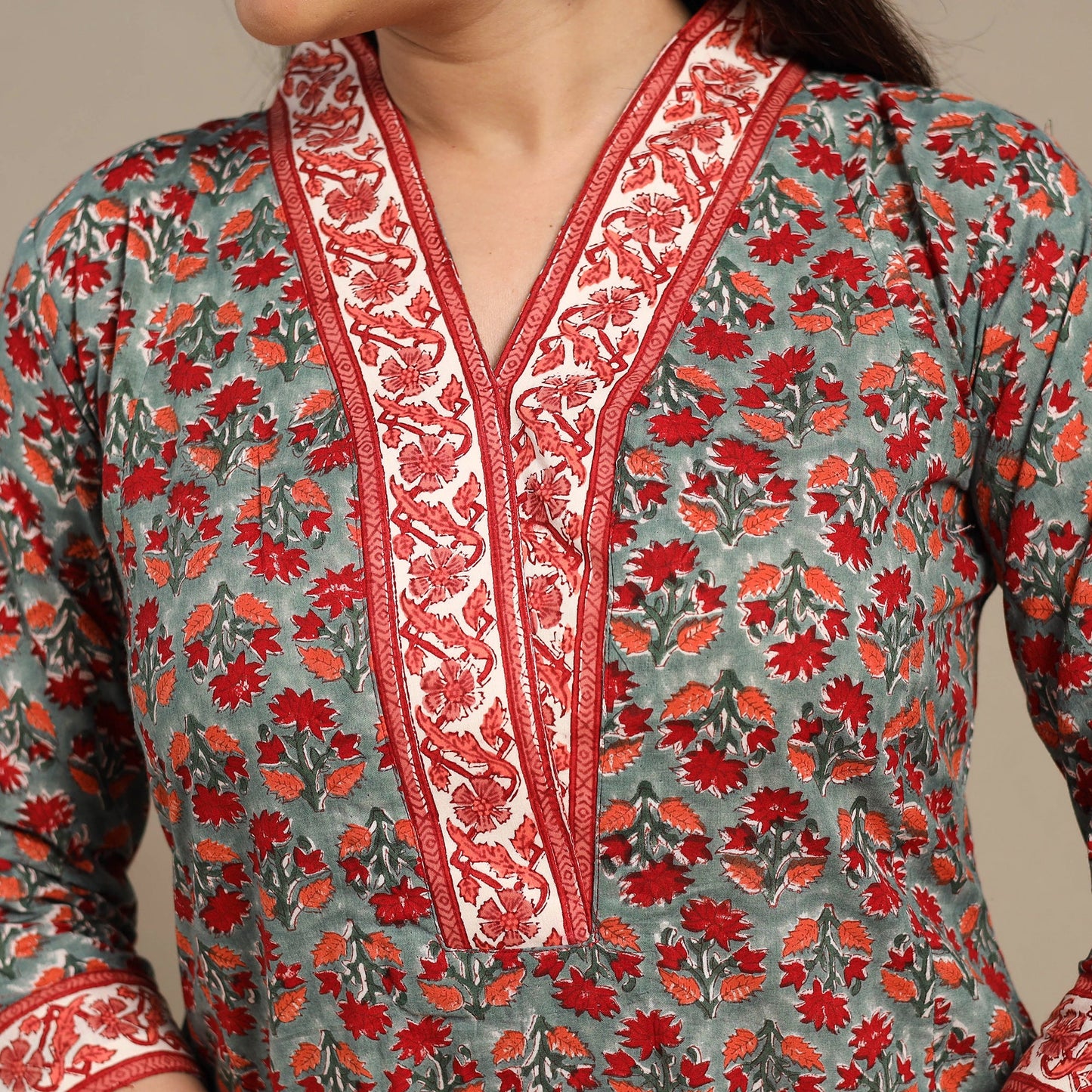 Grey - cotton a-line sanganeri kurta 12 - handcrafted