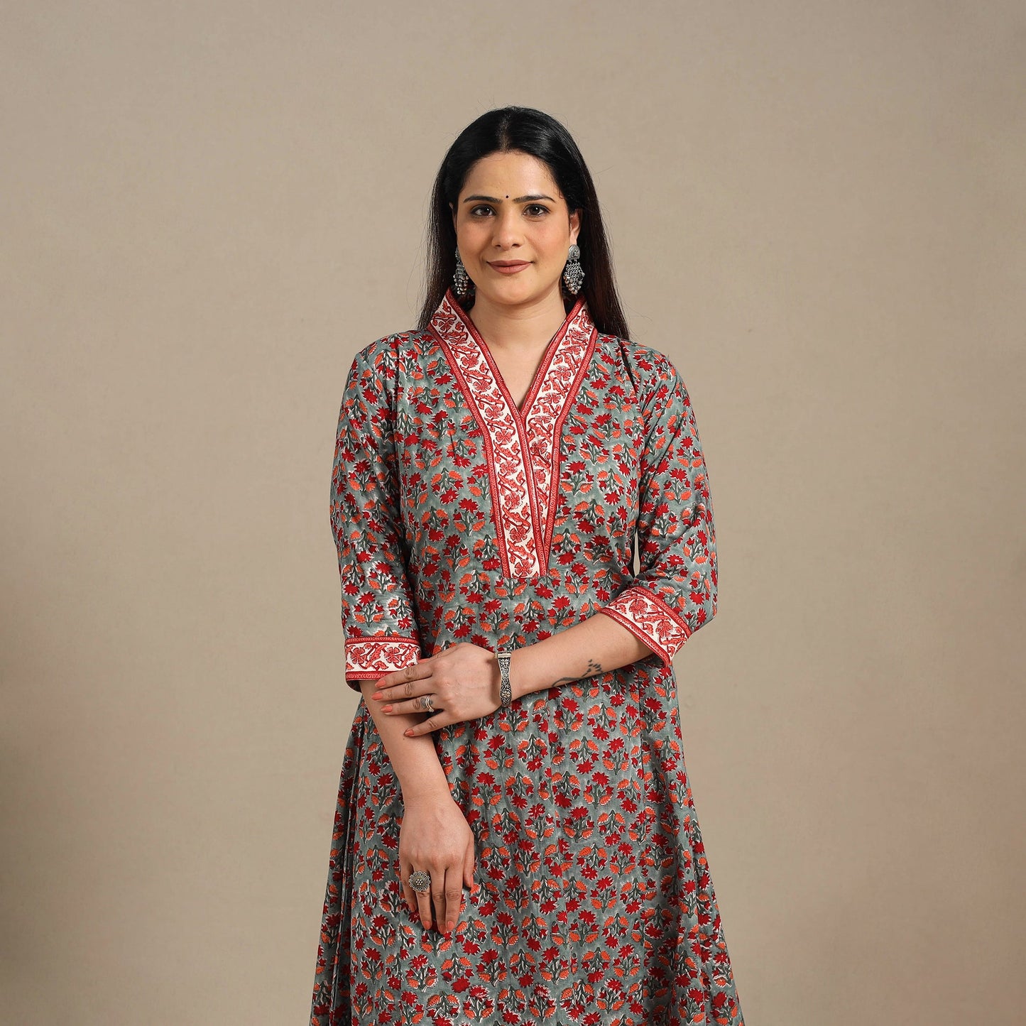 Grey - cotton a-line sanganeri kurta 12 - handcrafted