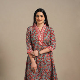 Grey - cotton a-line sanganeri kurta 12 - handcrafted