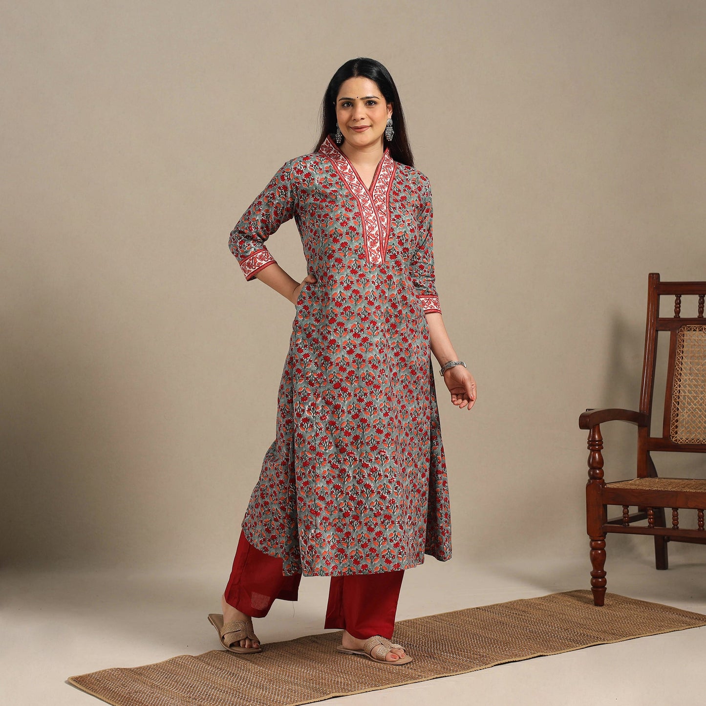 Grey - cotton a-line sanganeri kurta 12 - handcrafted