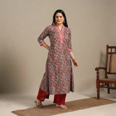 Grey - cotton a-line sanganeri kurta 12 - handcrafted