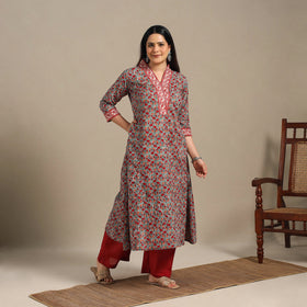 Grey - cotton a-line sanganeri kurta 12 - handcrafted