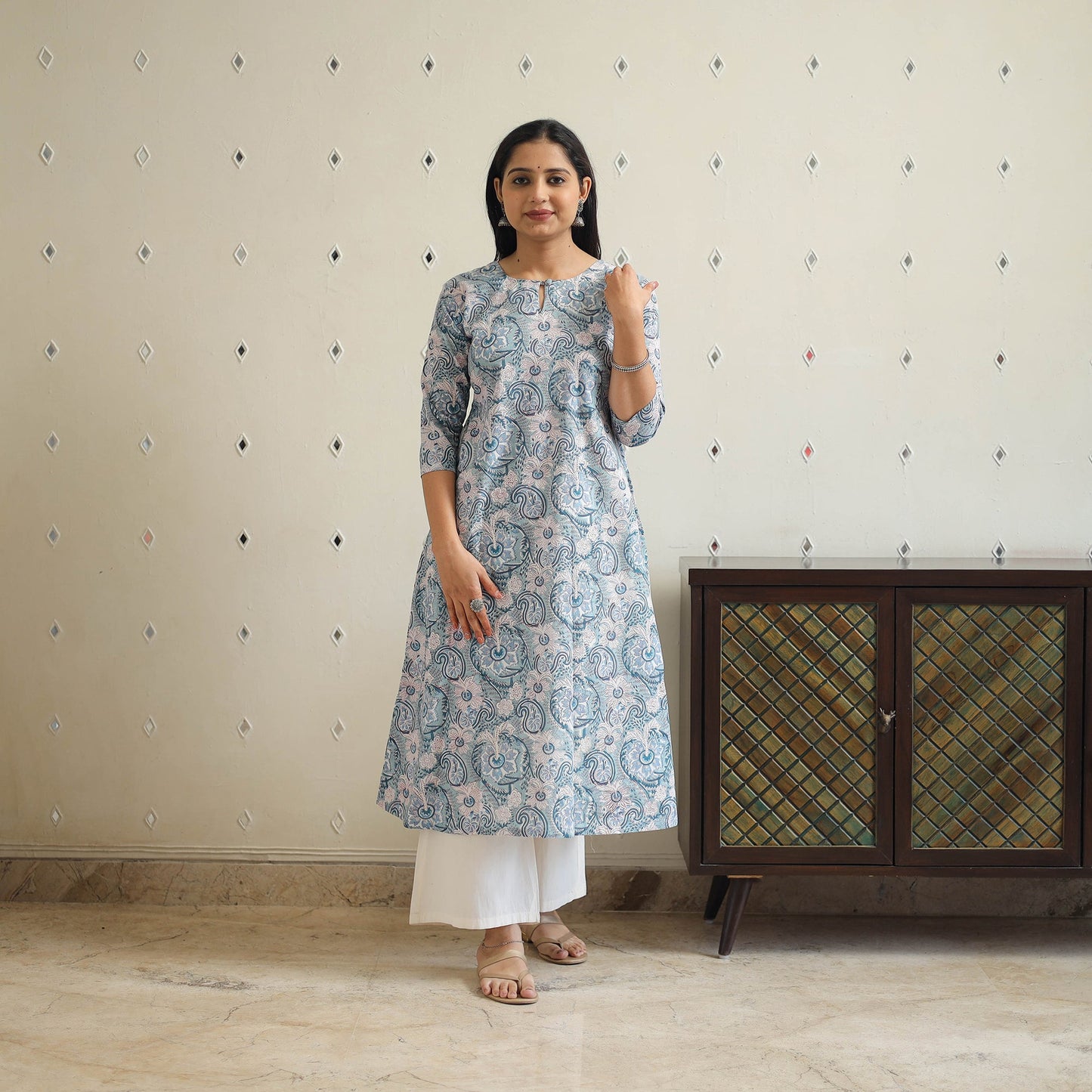 Grey - cotton a-line sanganeri kurta 32 - handcrafted