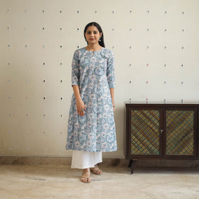 Grey - cotton a-line sanganeri kurta 32 - handcrafted