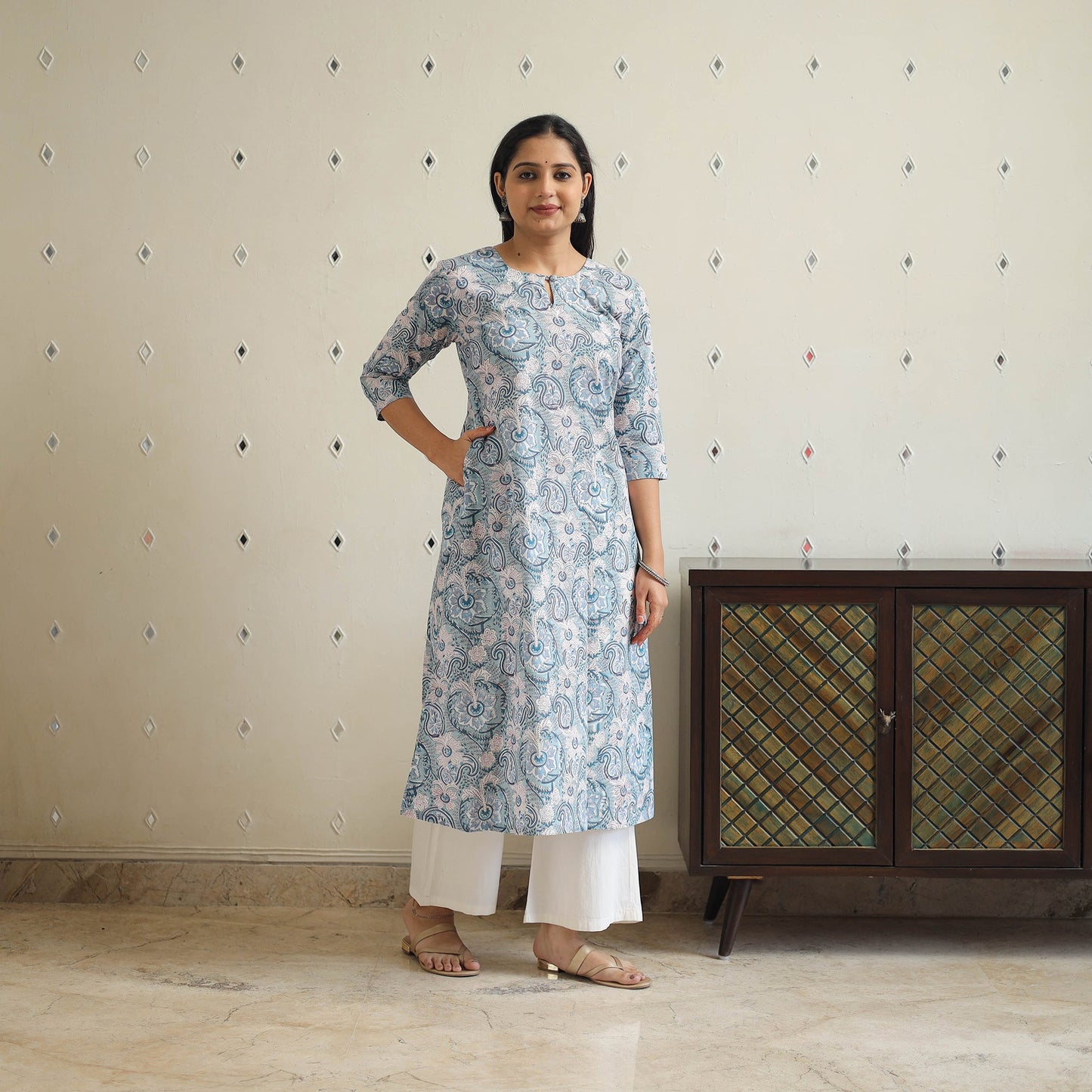 Grey - cotton a-line sanganeri kurta 32 - handcrafted