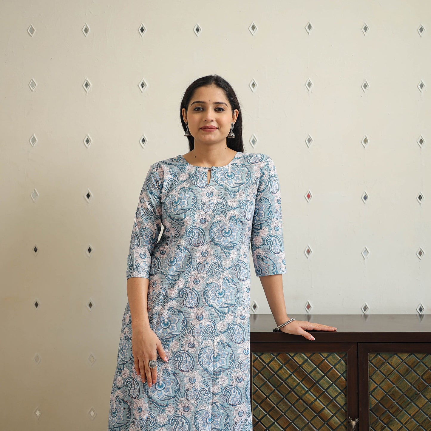 Grey - cotton a-line sanganeri kurta 32 - handcrafted