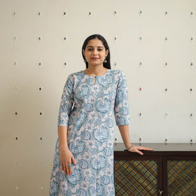 Grey - cotton a-line sanganeri kurta 32 - handcrafted