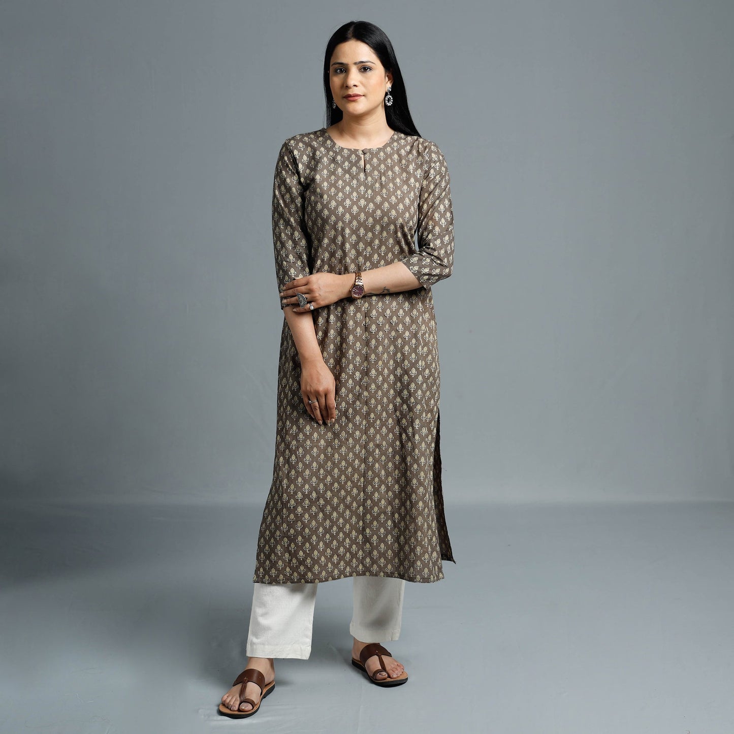  Ajrakh Block Printed Cotton Long Kurta for Women
