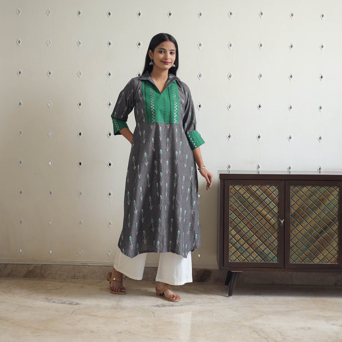 Buy Grey Cotton Pochampally Ikat Kurta for Women