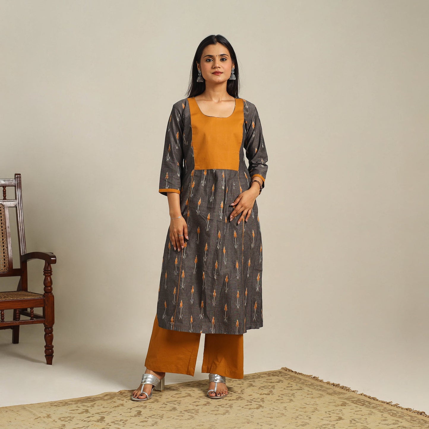 Grey - cotton pochampally ikat kurta set (set of 2) 09