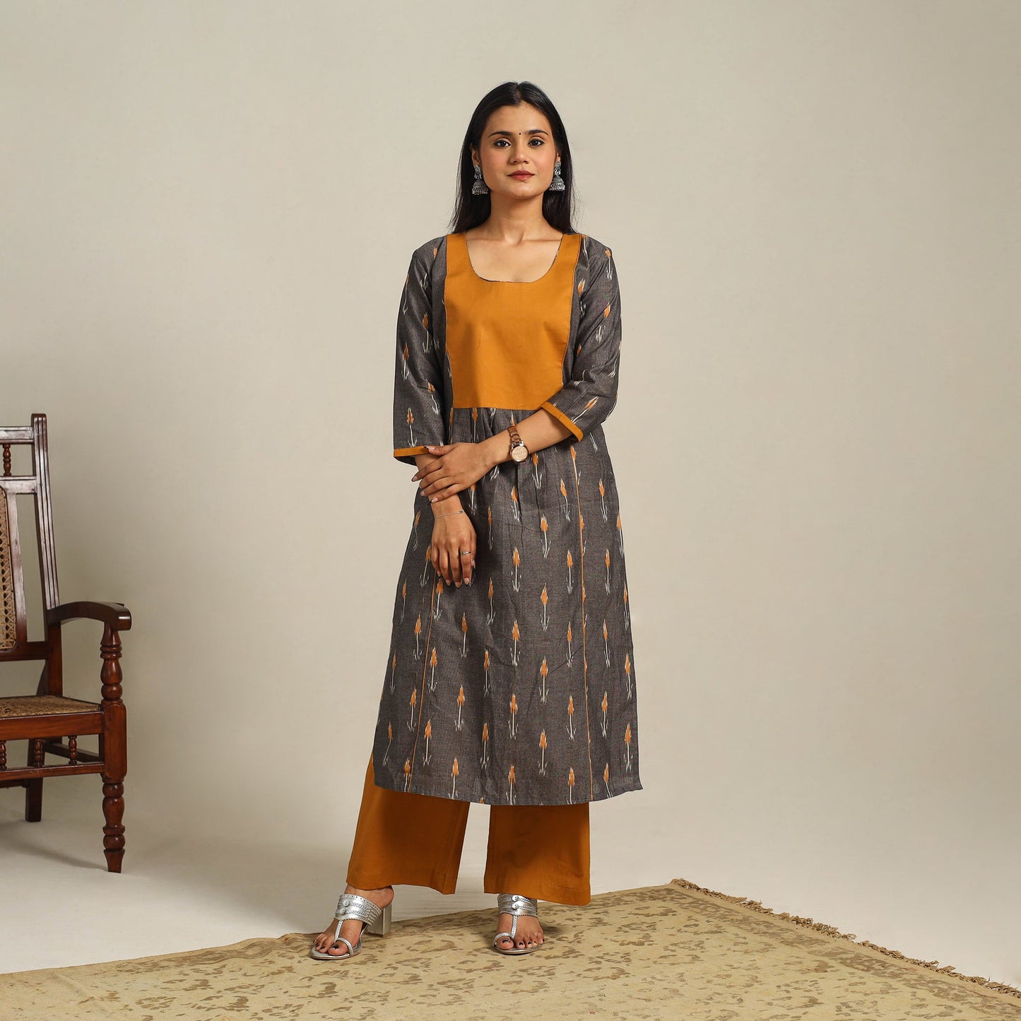 Grey - cotton pochampally ikat kurta set (set of 2) 09