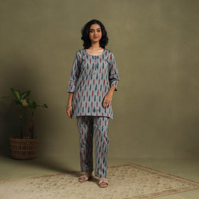 Grey Cotton Pochampally Ikat Night Suit Set