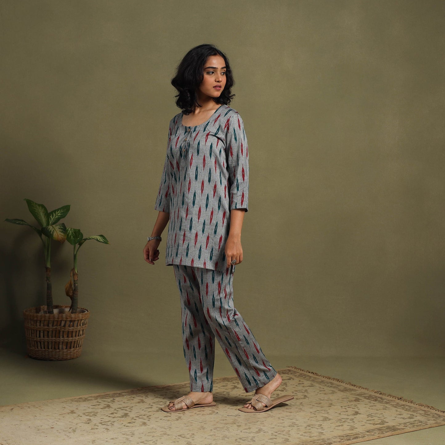 Grey Cotton Pochampally Ikat Night Suit Set