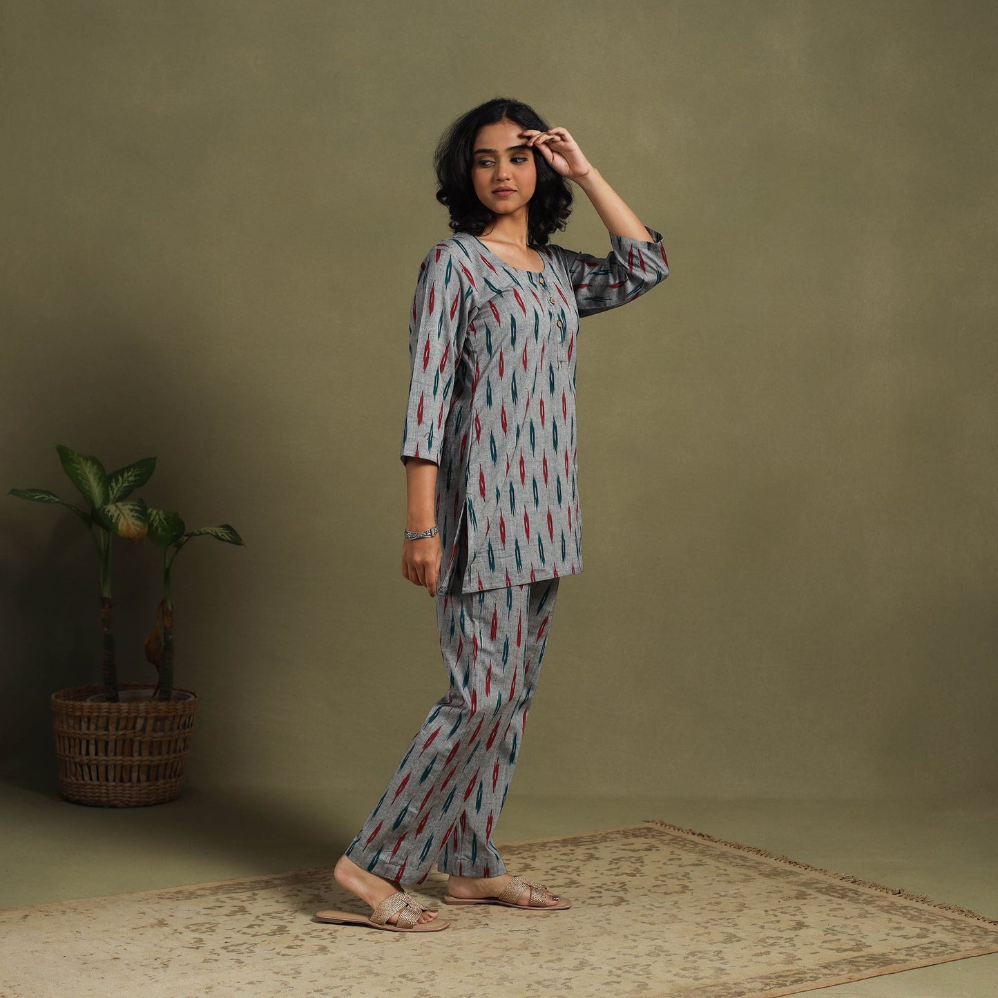 Grey Cotton Pochampally Ikat Night Suit Set