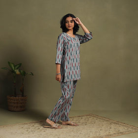 Grey Cotton Pochampally Ikat Night Suit Set