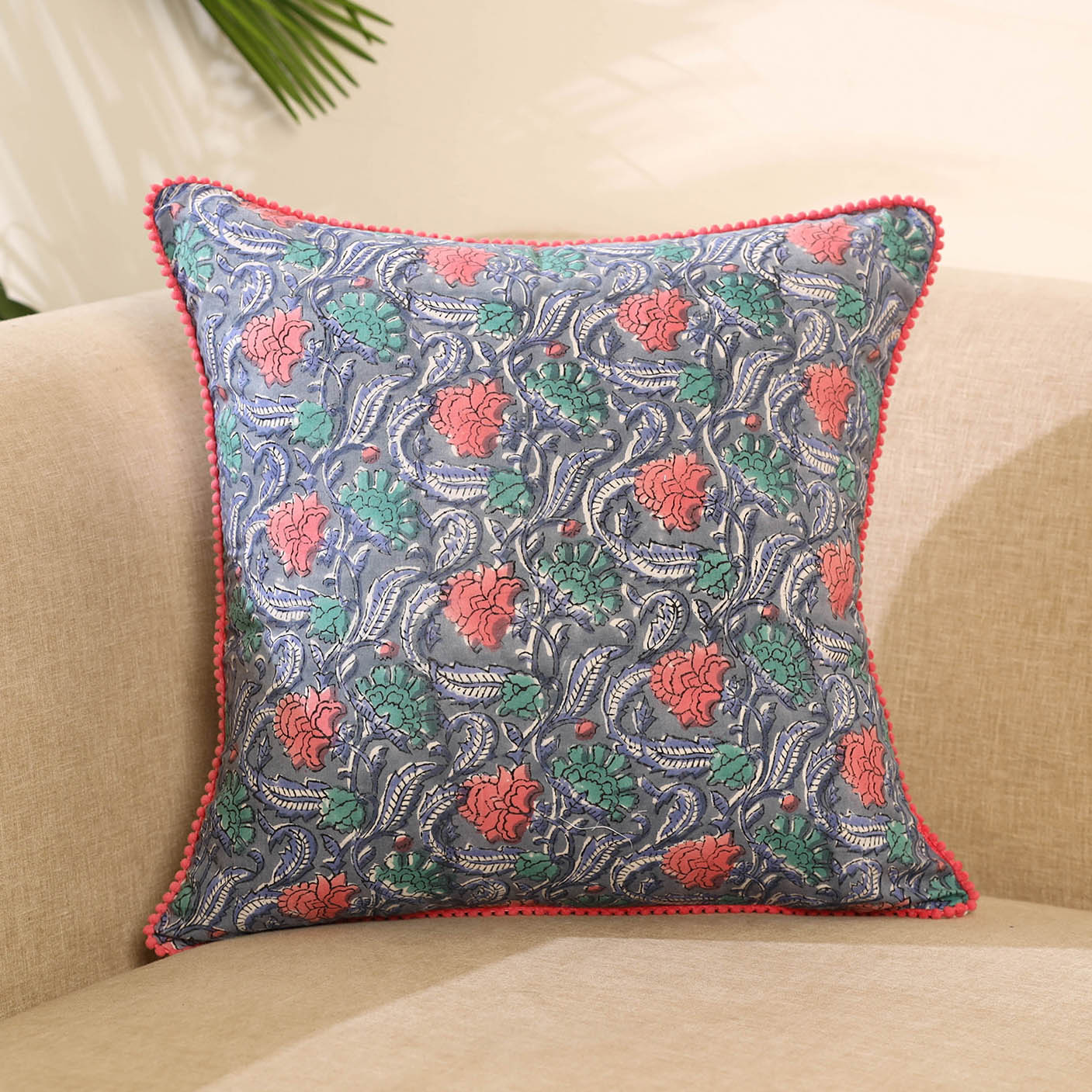 Grey - cotton sanganeri cushion cover 24 - handcrafted