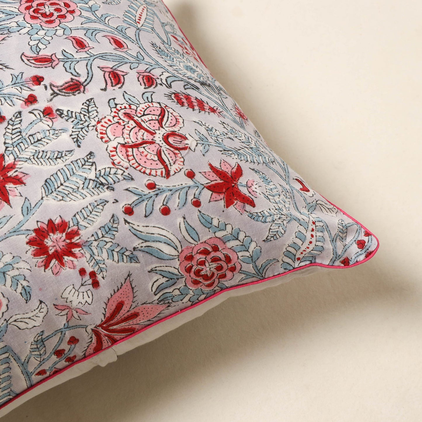 Grey - cotton sanganeri cushion cover 30 - handcrafted