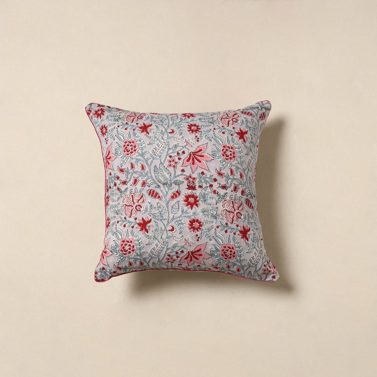 Grey - cotton sanganeri cushion cover 40 - handcrafted