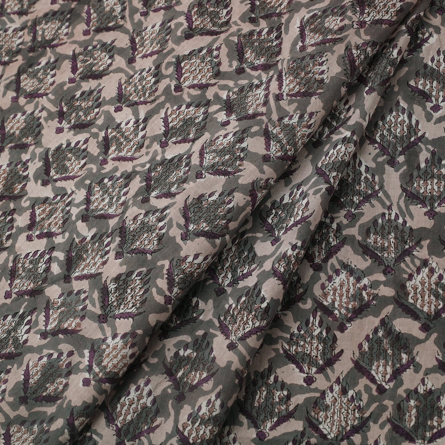 Grey Block Print Cotton Sanganeri Fabric