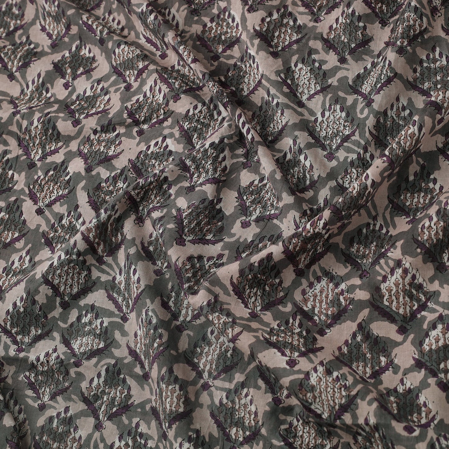 Grey Block Print Cotton Sanganeri Fabric