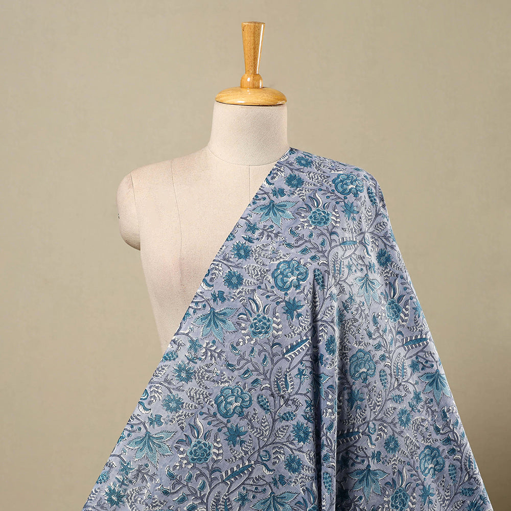 Grey Block Print Cotton Sanganeri Fabric