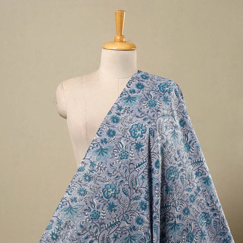 Grey Block Print Cotton Sanganeri Fabric