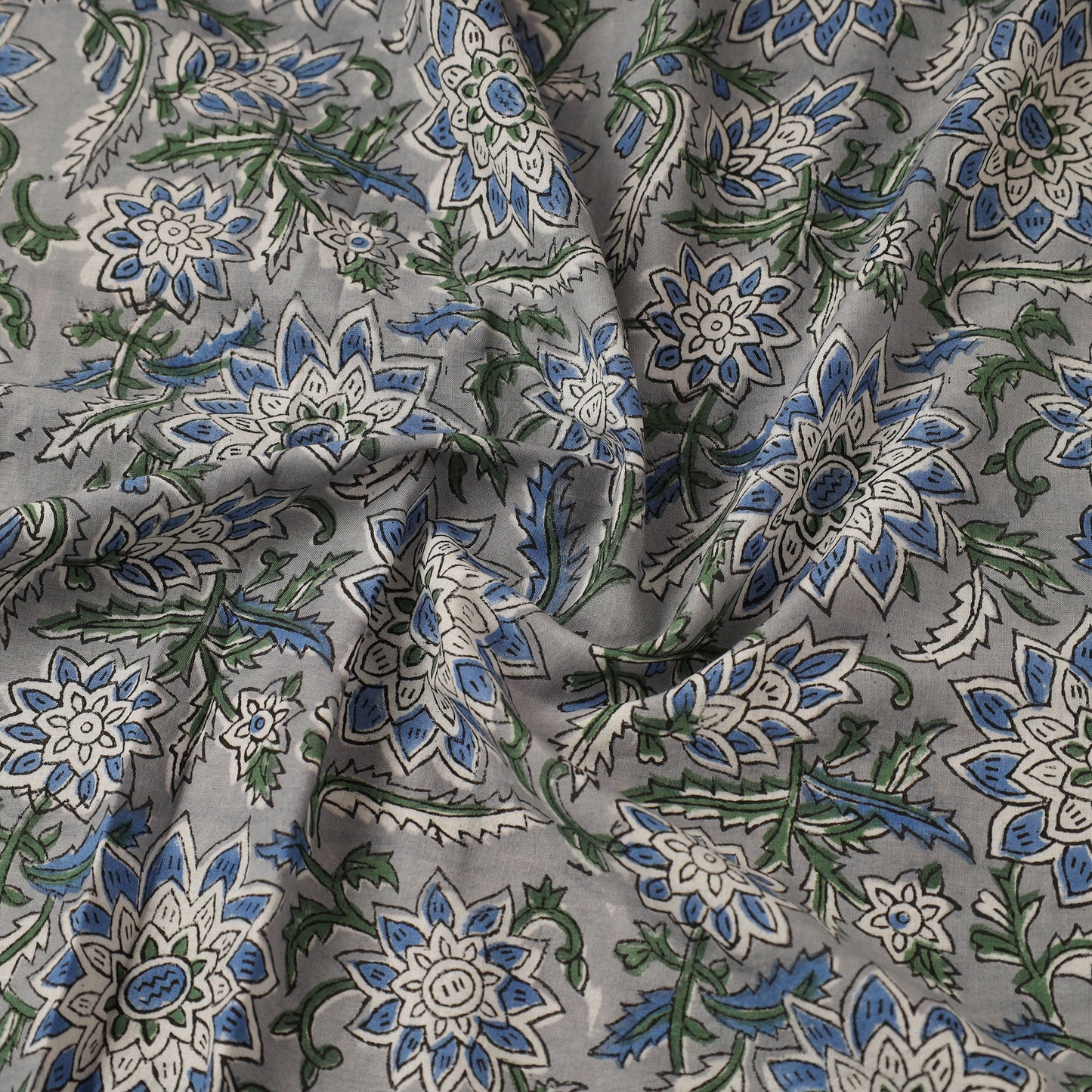 Grey Block Print Cotton Sanganeri Fabric