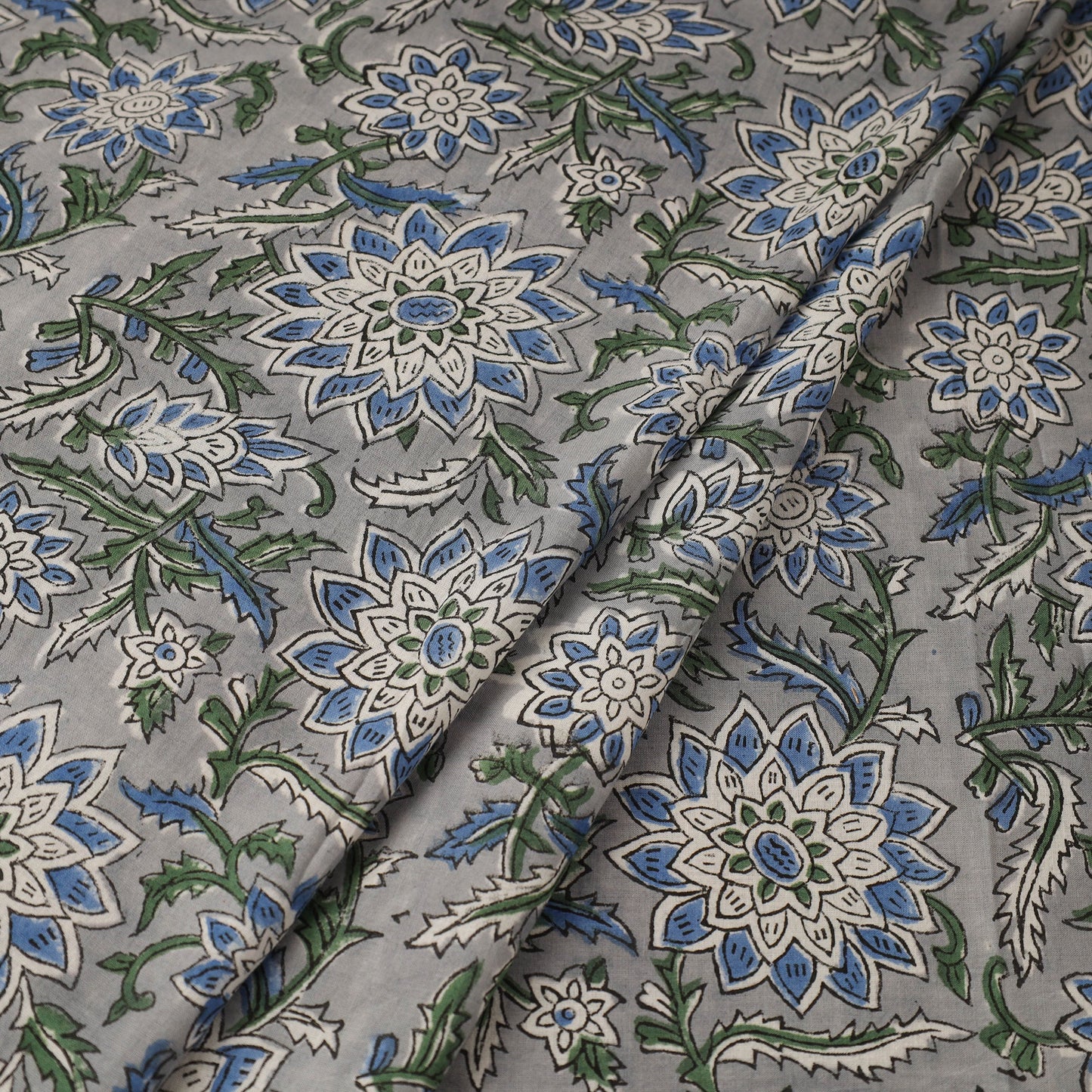 Grey Block Print Cotton Sanganeri Fabric