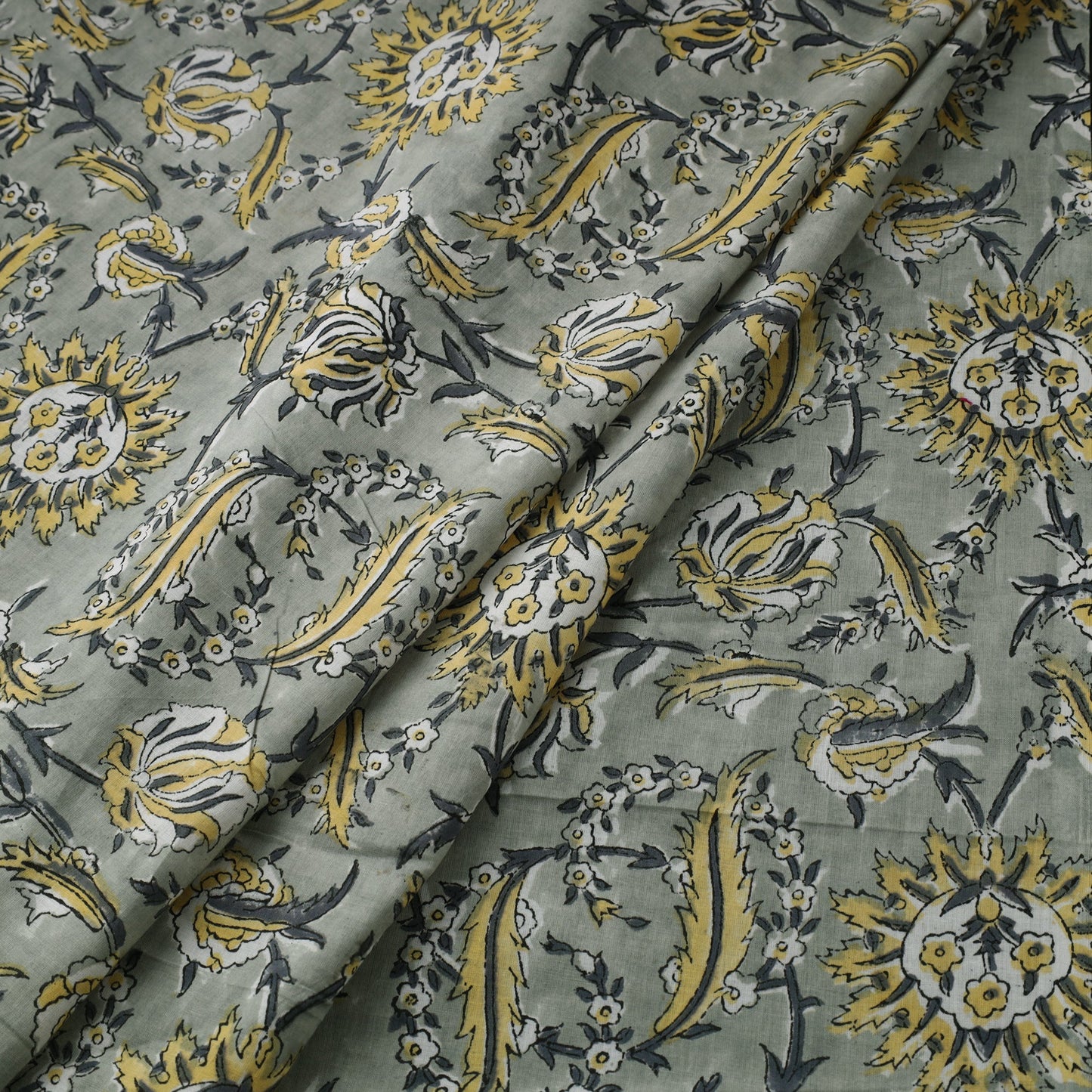 Grey Block Print Cotton Sanganeri Fabric