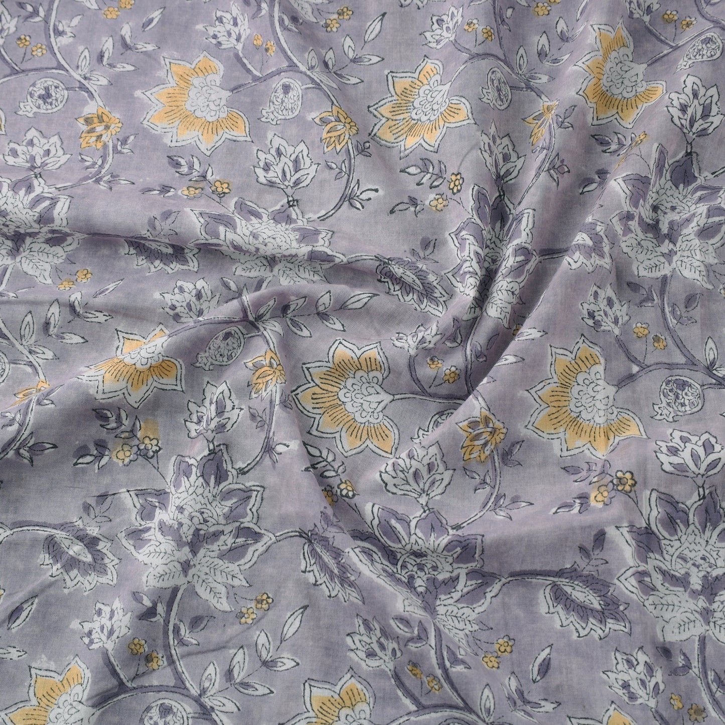 Grey Block Print Cotton Sanganeri Fabric