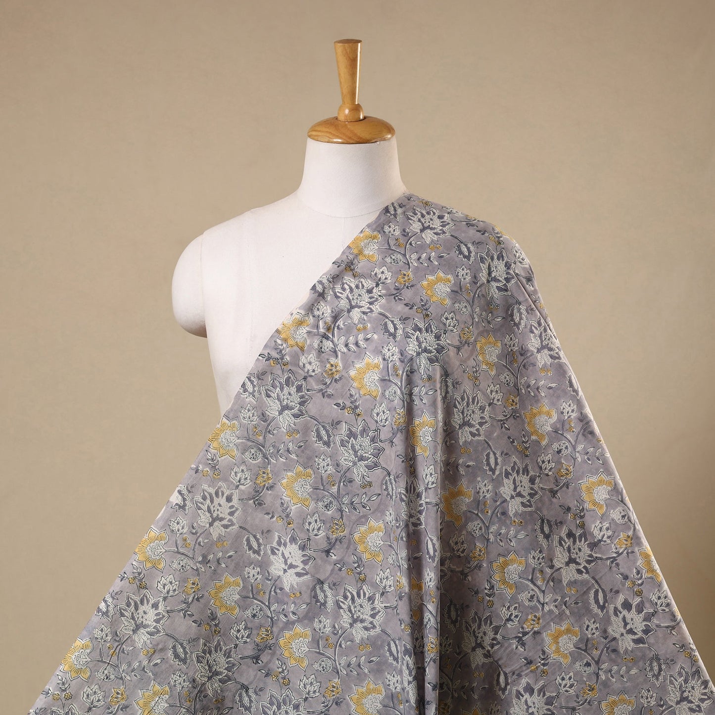 Grey Block Print Cotton Sanganeri Fabric