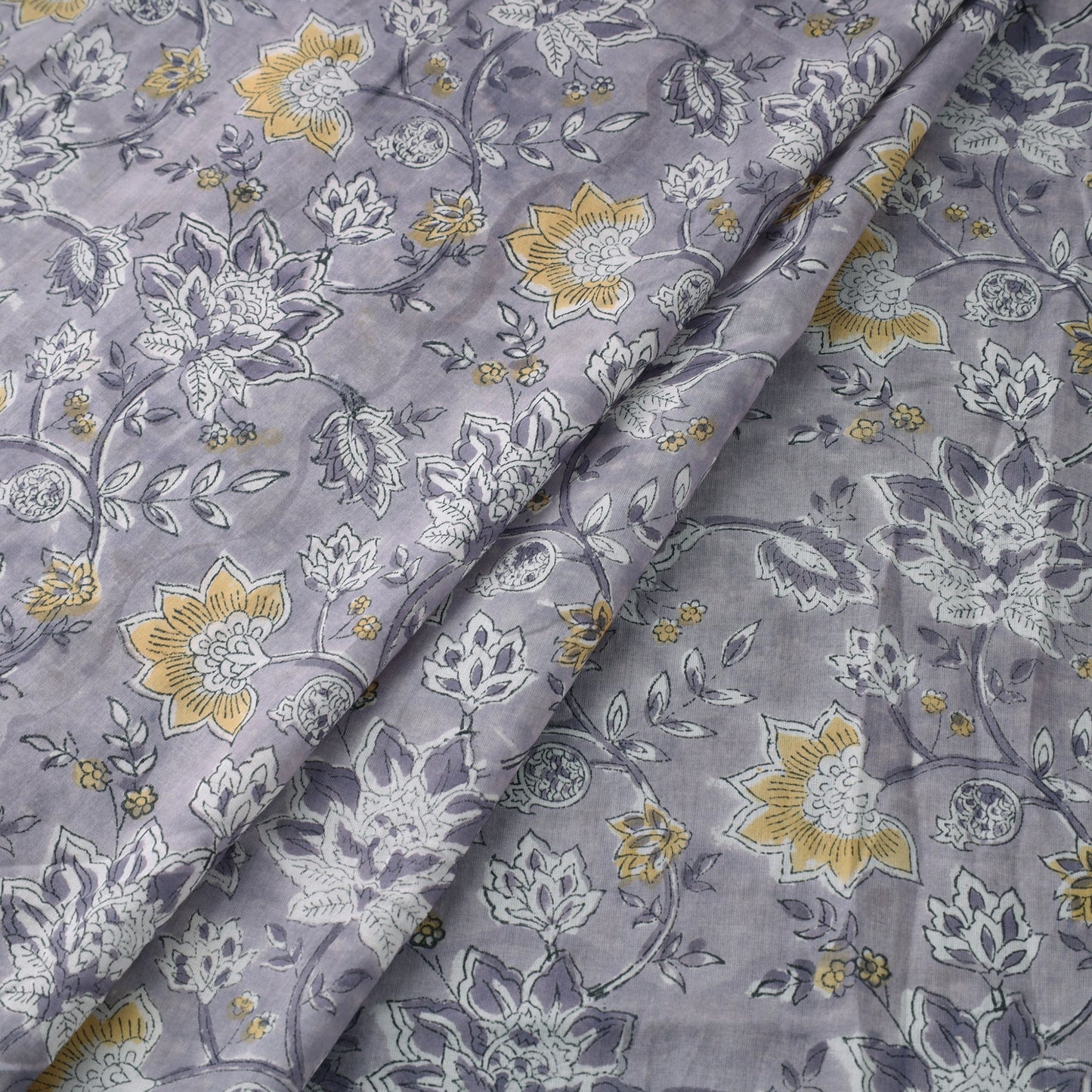 Grey Block Print Cotton Sanganeri Fabric