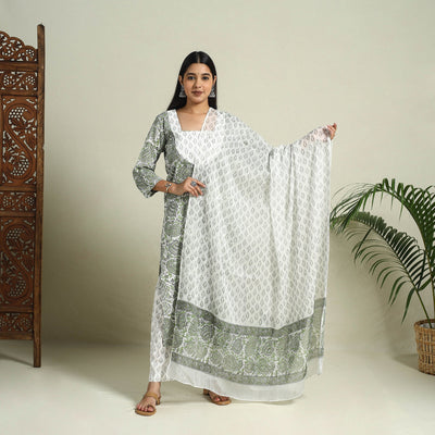  Grey Block Print Cotton Sanganeri Kurta Set