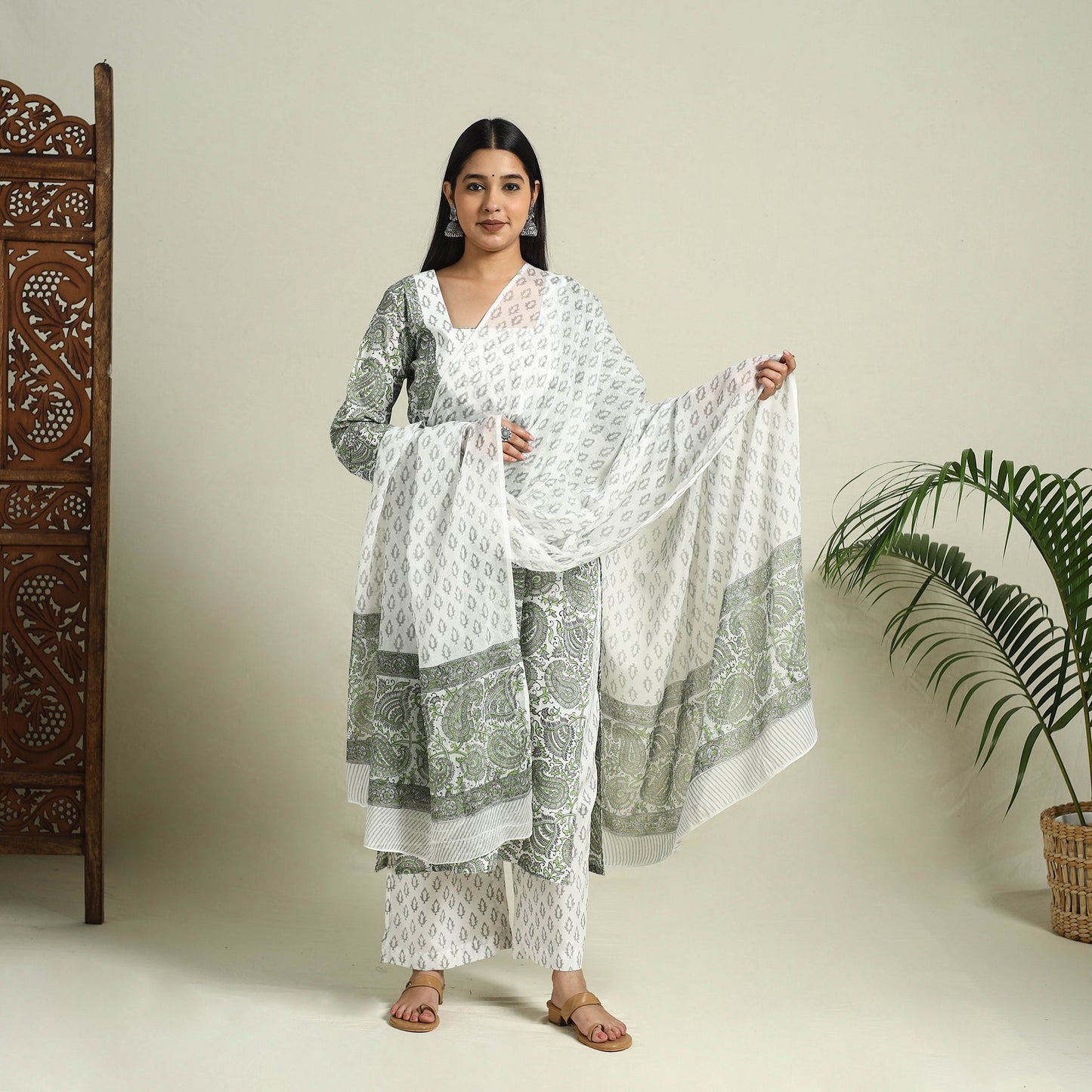  Grey Block Print Cotton Sanganeri Kurta Set