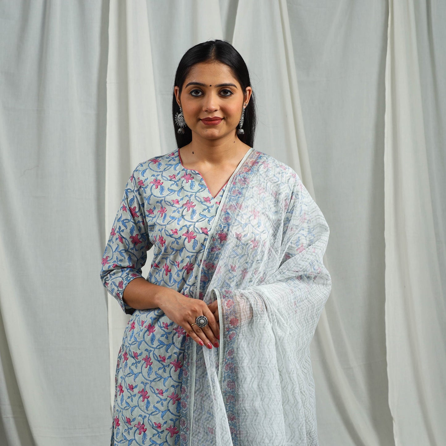 Buy Block Print Cotton Sanganeri Kurta Set