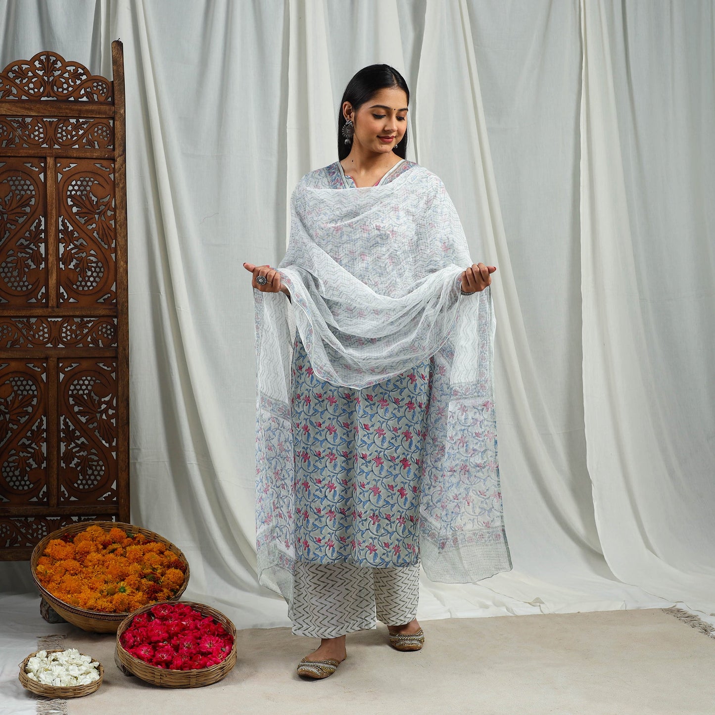 Buy Block Print Cotton Sanganeri Kurta Set